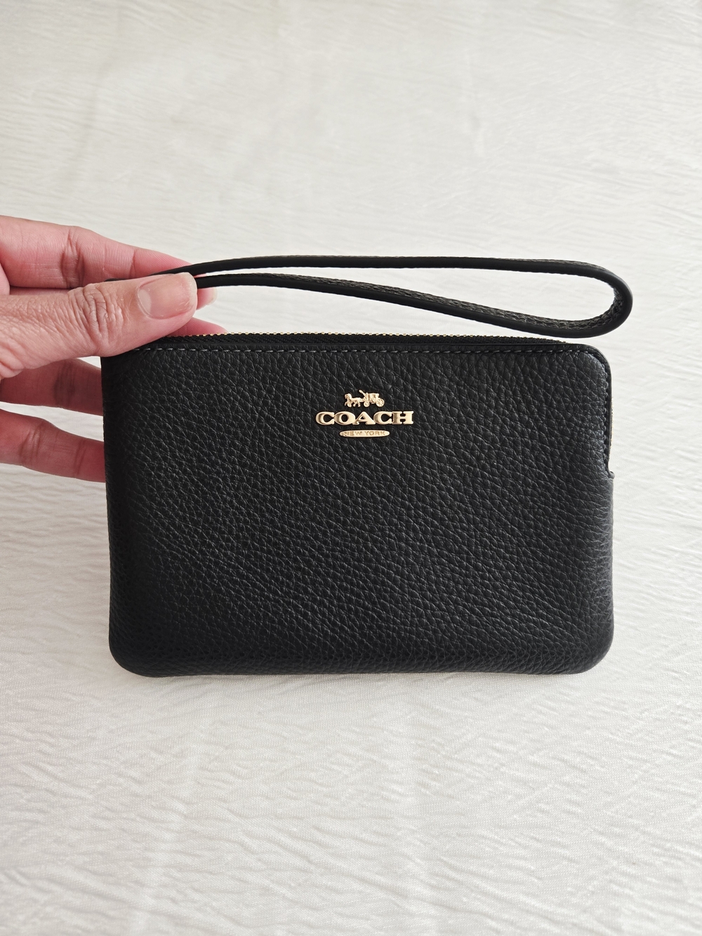 Coach Black Pebbled Leather Wristlet with Gold Logo